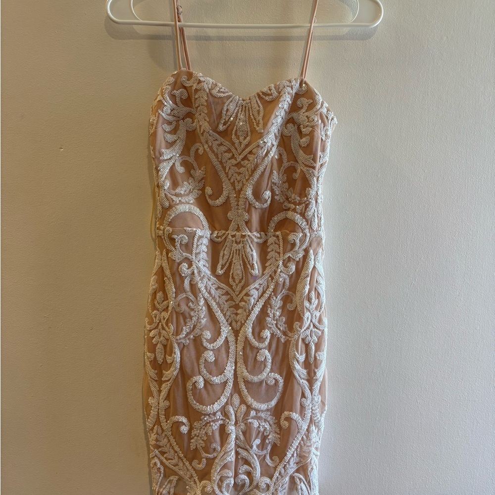 Embellished Nude Lace-Overlay Spaghetti Strap Dress